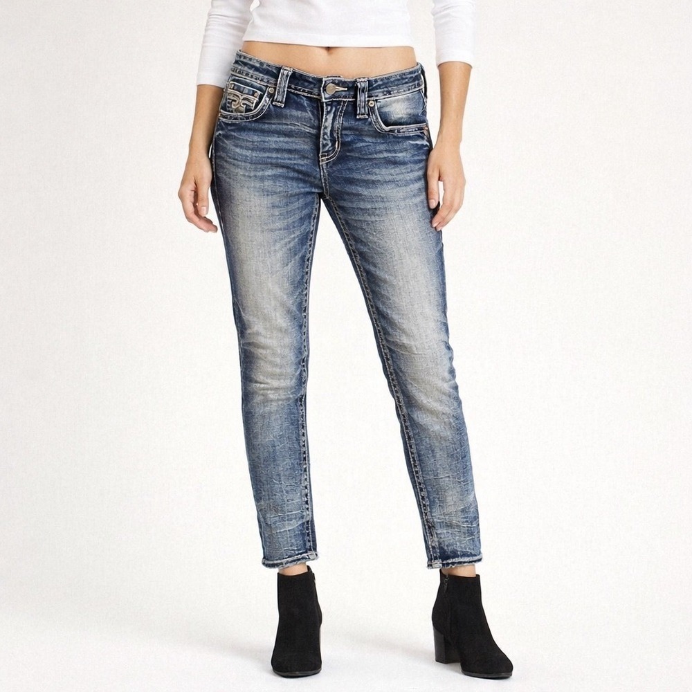 Rock Revival Everlee Rich Blue Jeans *SZ 27 Mid Rise Crystalâ Rivets Embroidered